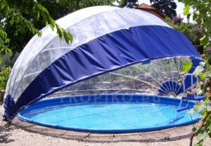 Zastrešenie bazéna TROPIKO pre dlhšie kúpanie, teplý bazén a čistú vodu ako azuro. Pre nadzemné i zapustené (kruhové / okrúhle) záhradné bazény.